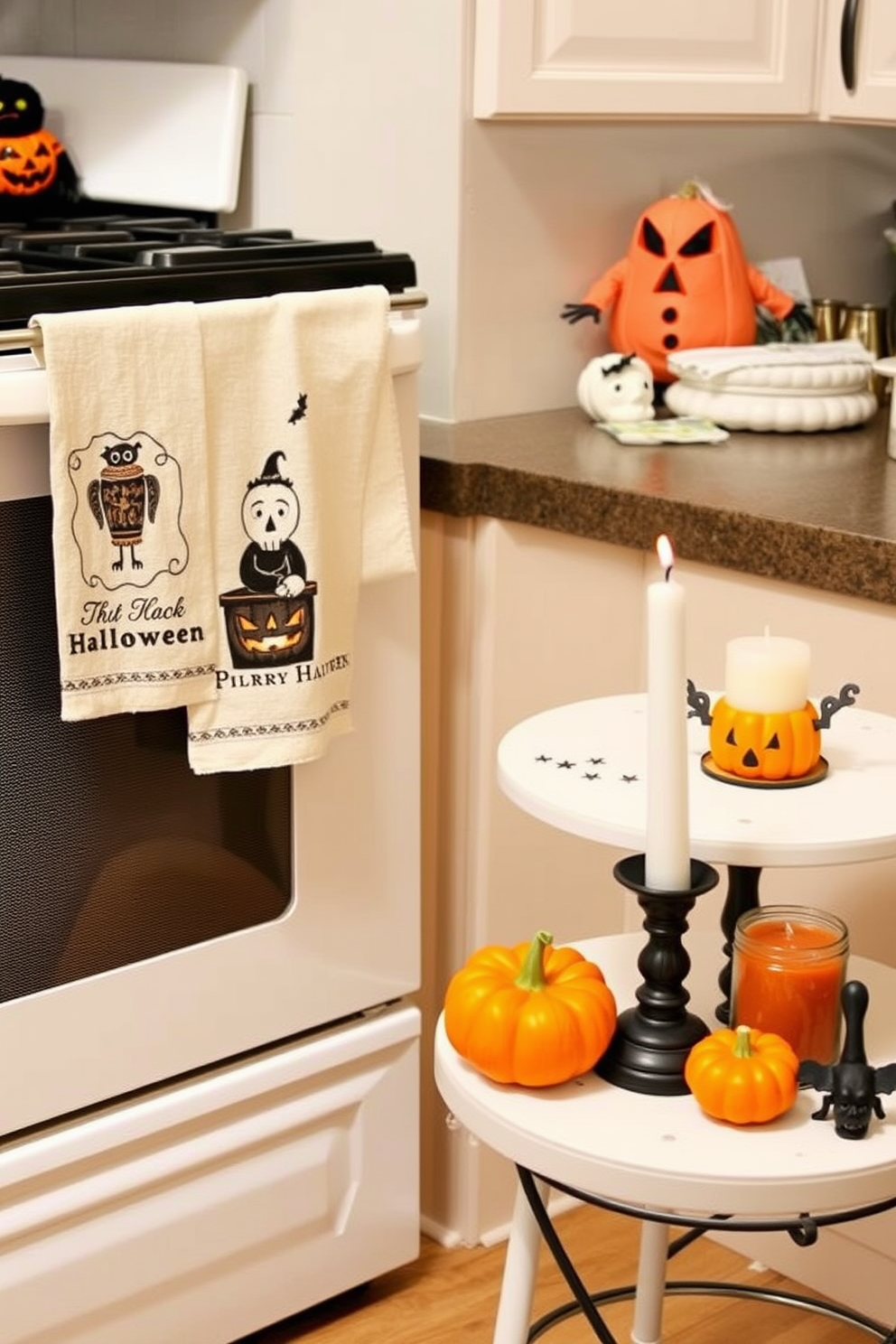 Create a cozy kitchen setting decorated for Halloween. The space features themed dish towels hanging from the oven handle and a small table adorned with festive decorations like miniature pumpkins and spooky candles.