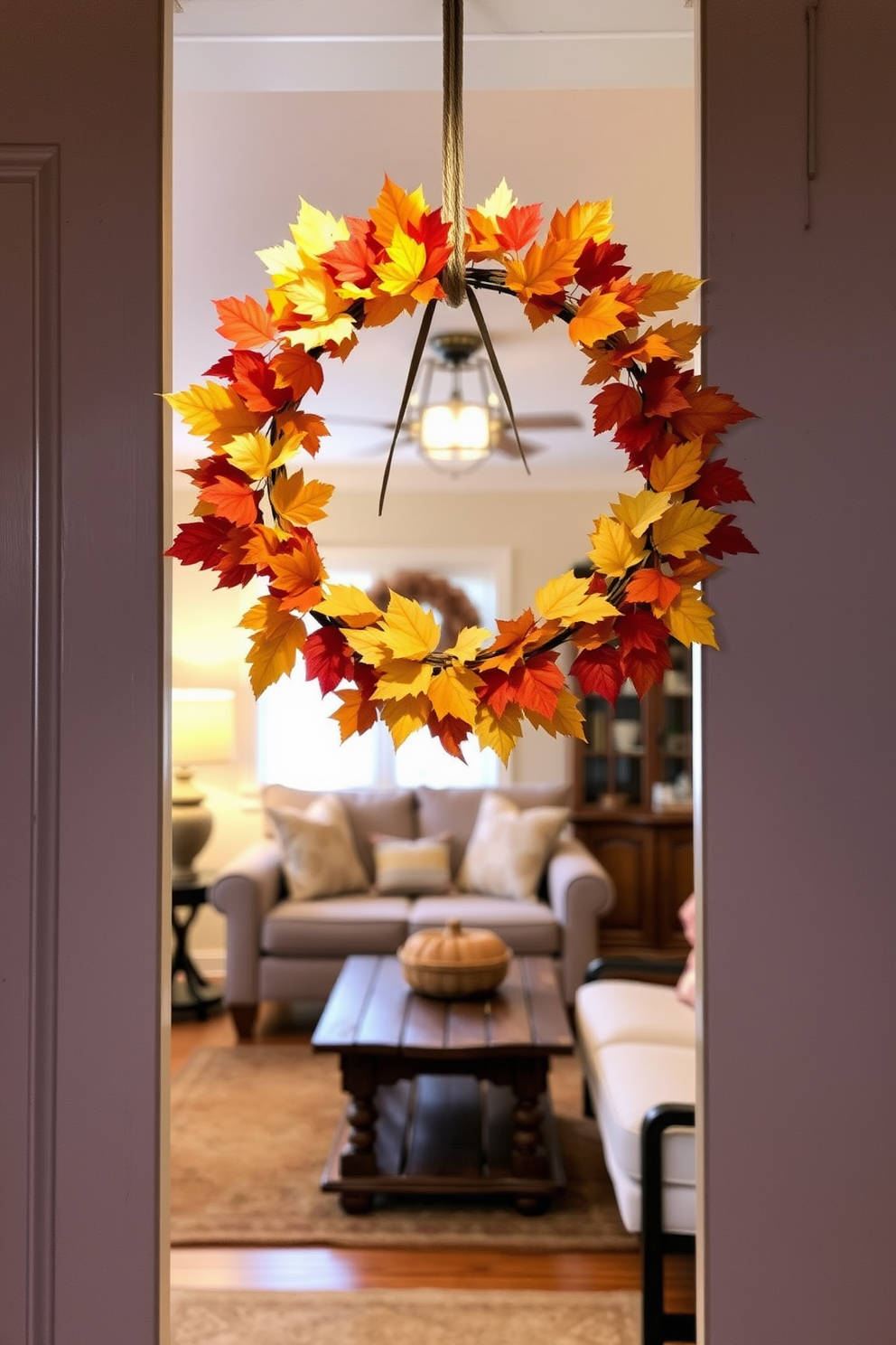 A cozy living room adorned with a wreath made of vibrant autumn leaves hangs on the front door. Inside, the space features a small sofa with plush cushions, a rustic coffee table, and warm lighting that creates an inviting atmosphere.