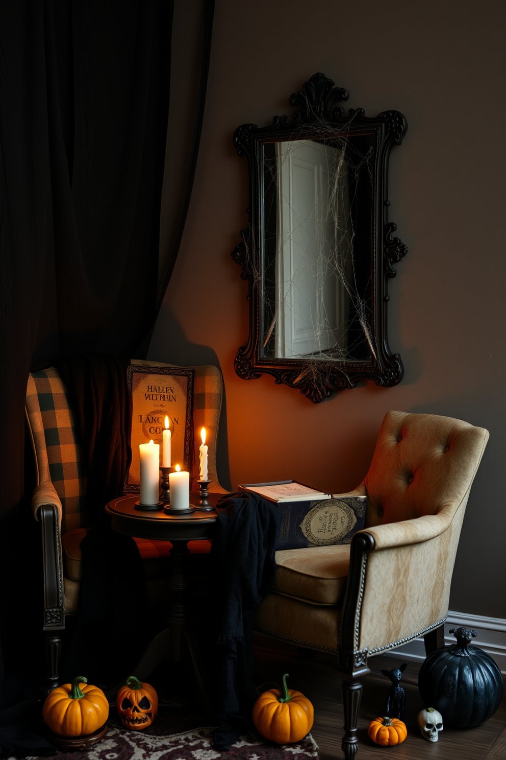 Create a haunted corner that captures the eerie essence of Halloween. Incorporate a vintage armchair draped with a tattered black shawl and a small side table adorned with flickering candles and a dusty spellbook. Position a cobweb-covered mirror on the wall to reflect the dim light and add an unsettling ambiance. Scatter small decorative pumpkins and spooky figurines around the area to enhance the festive yet haunting atmosphere.