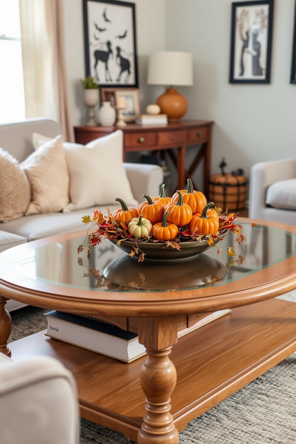 A charming coffee table adorned with a mini pumpkin centerpiece captures the essence of Halloween. The vibrant orange pumpkins are surrounded by small decorative gourds and autumn leaves, creating a festive yet cozy atmosphere. The coffee table is set in a small living area, where space-saving furniture enhances the design. Soft, neutral tones in the surrounding decor complement the vivid colors of the pumpkin arrangement, making the space feel inviting and seasonal.