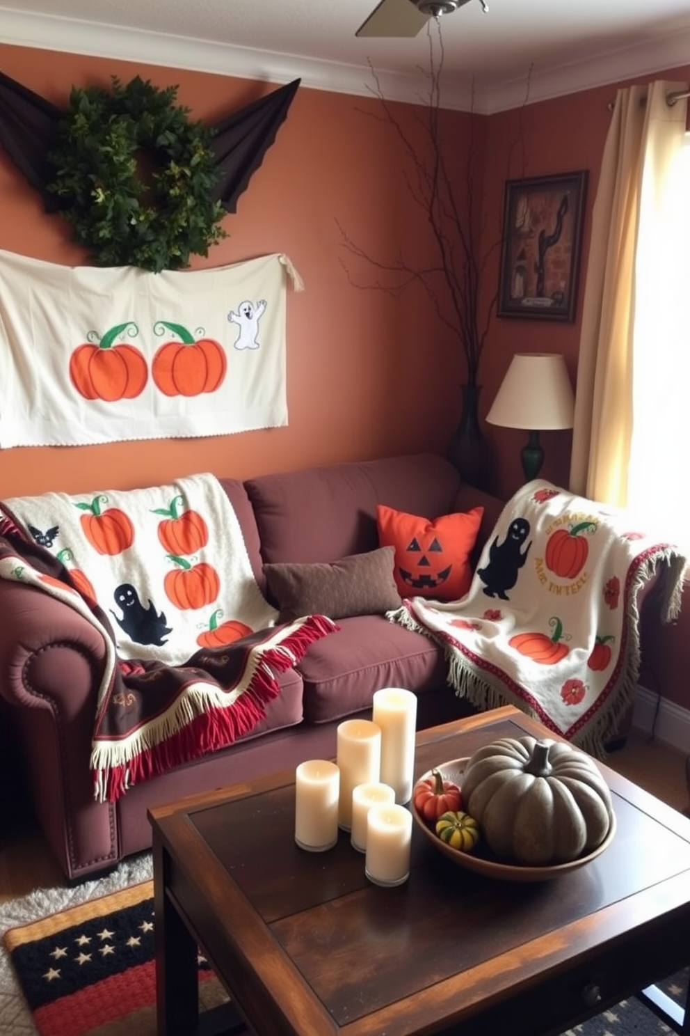 A cozy living room adorned for Halloween. There are decorative throw blankets draped over a plush sofa, featuring playful pumpkin and ghost patterns that add a festive touch to the small space. The walls are painted in warm, earthy tones that complement the seasonal decor. A small coffee table is topped with autumn-themed candles and a bowl of colorful gourds, creating an inviting atmosphere.