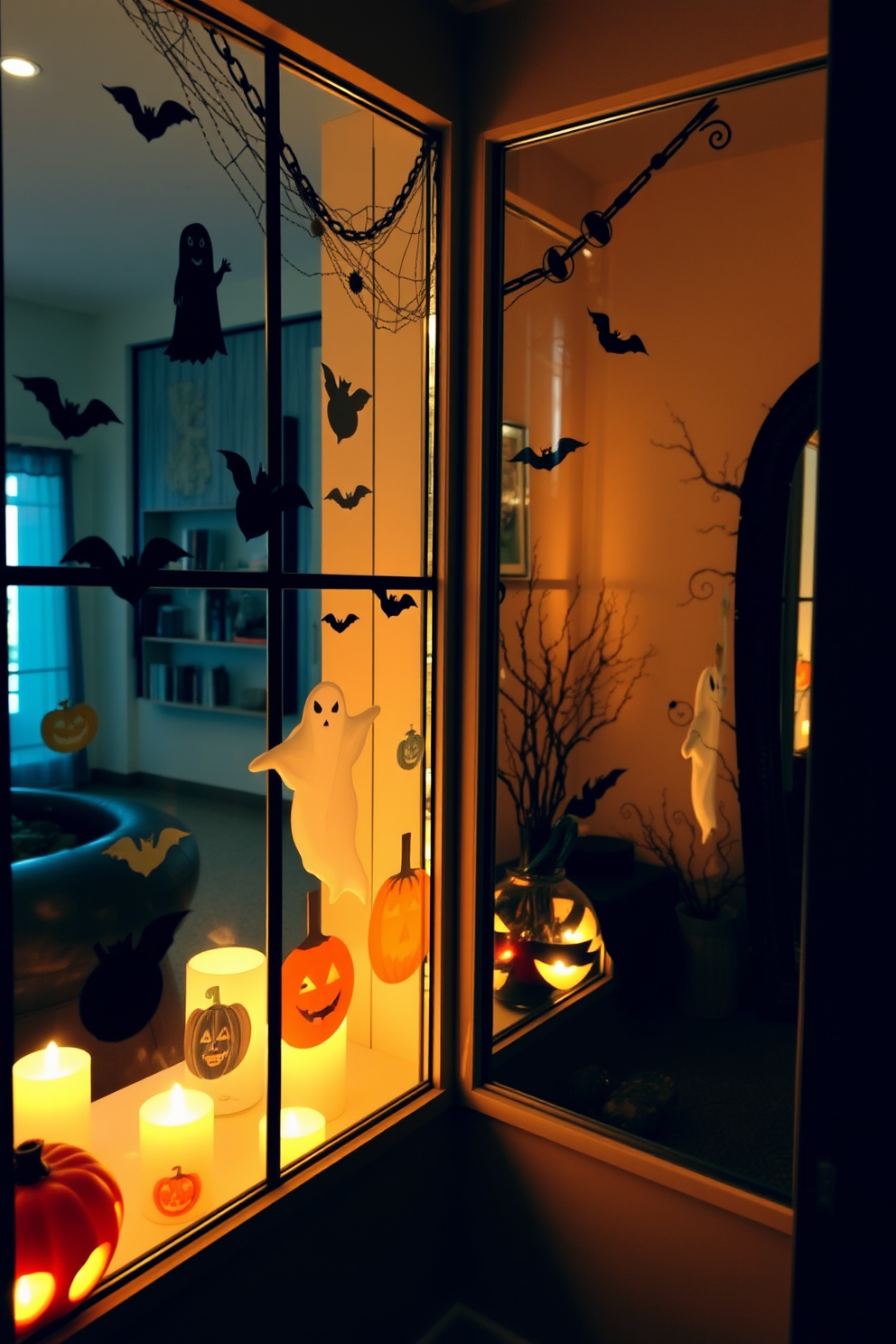 A creative Halloween-themed small space is adorned with temporary tattoos on glass surfaces. The glass windows and mirrors feature spooky designs like ghosts and pumpkins, enhancing the festive atmosphere while maintaining an elegant look.