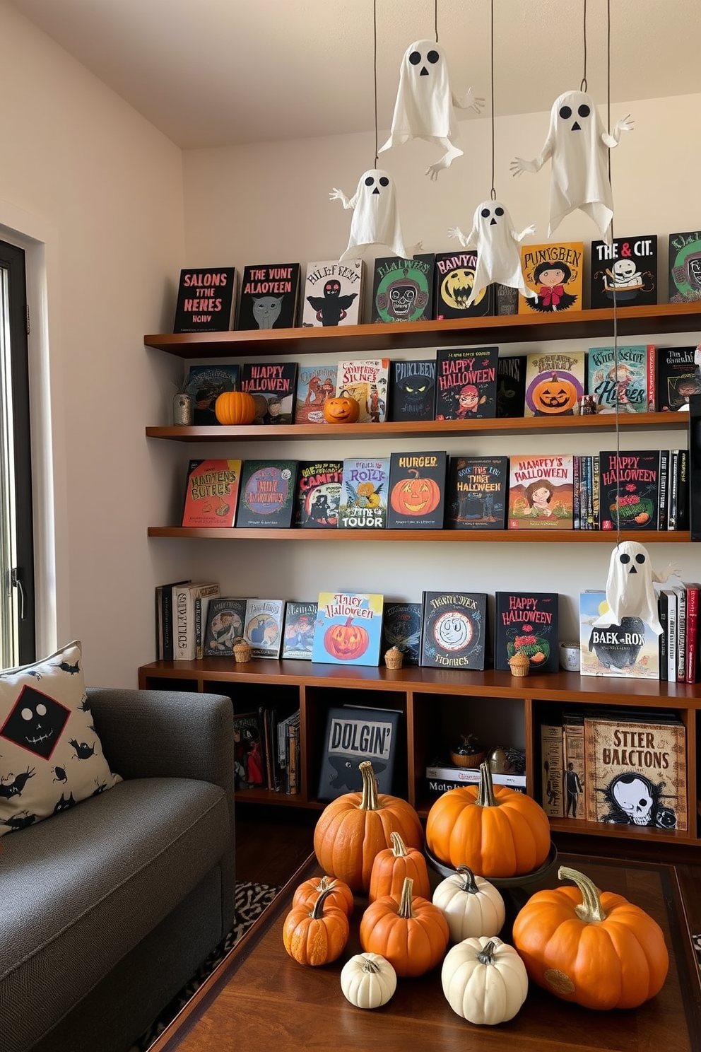 A cozy living room setting designed for Halloween. The shelves are filled with an assortment of Halloween-themed books, their covers showcasing spooky illustrations and vibrant colors. A small space is decorated with playful Halloween accents. Pumpkins of various sizes are artfully arranged on the coffee table, and whimsical ghost decorations hang from the ceiling.