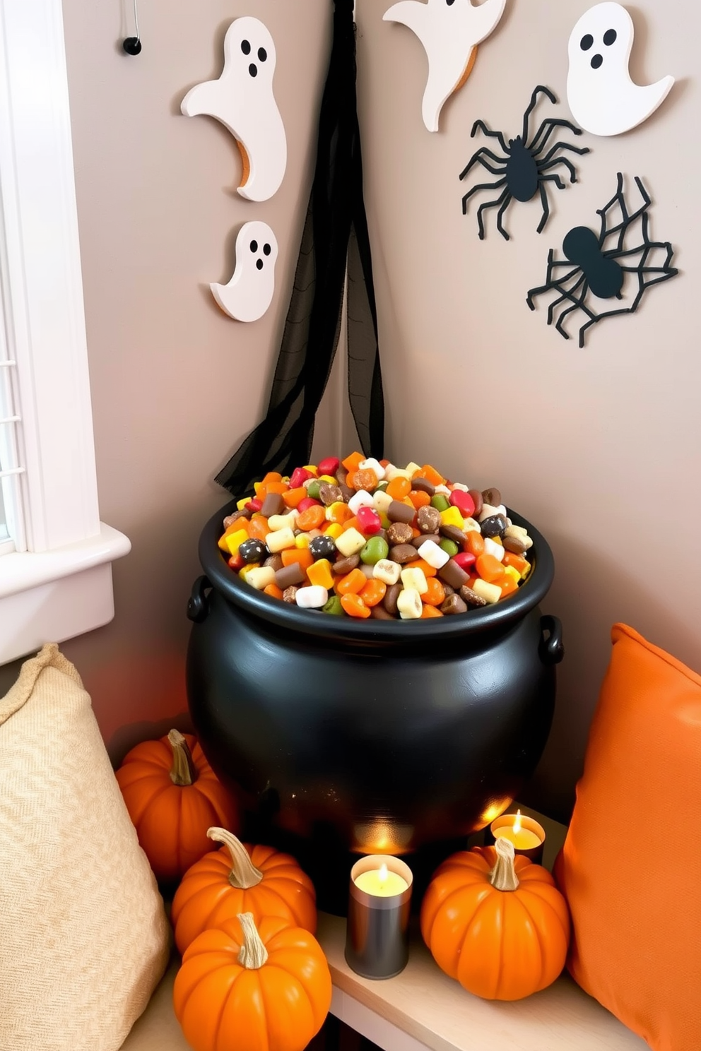 A cozy Halloween-themed corner features a black cauldron brimming with an assortment of colorful treats. Surrounding the cauldron are miniature pumpkins and flickering tealight candles, creating a warm and inviting atmosphere. The wall behind is adorned with playful ghost and spider decorations, enhancing the festive spirit. Soft, autumn-colored throw pillows are arranged on a small bench to complete the charming small space decoration.