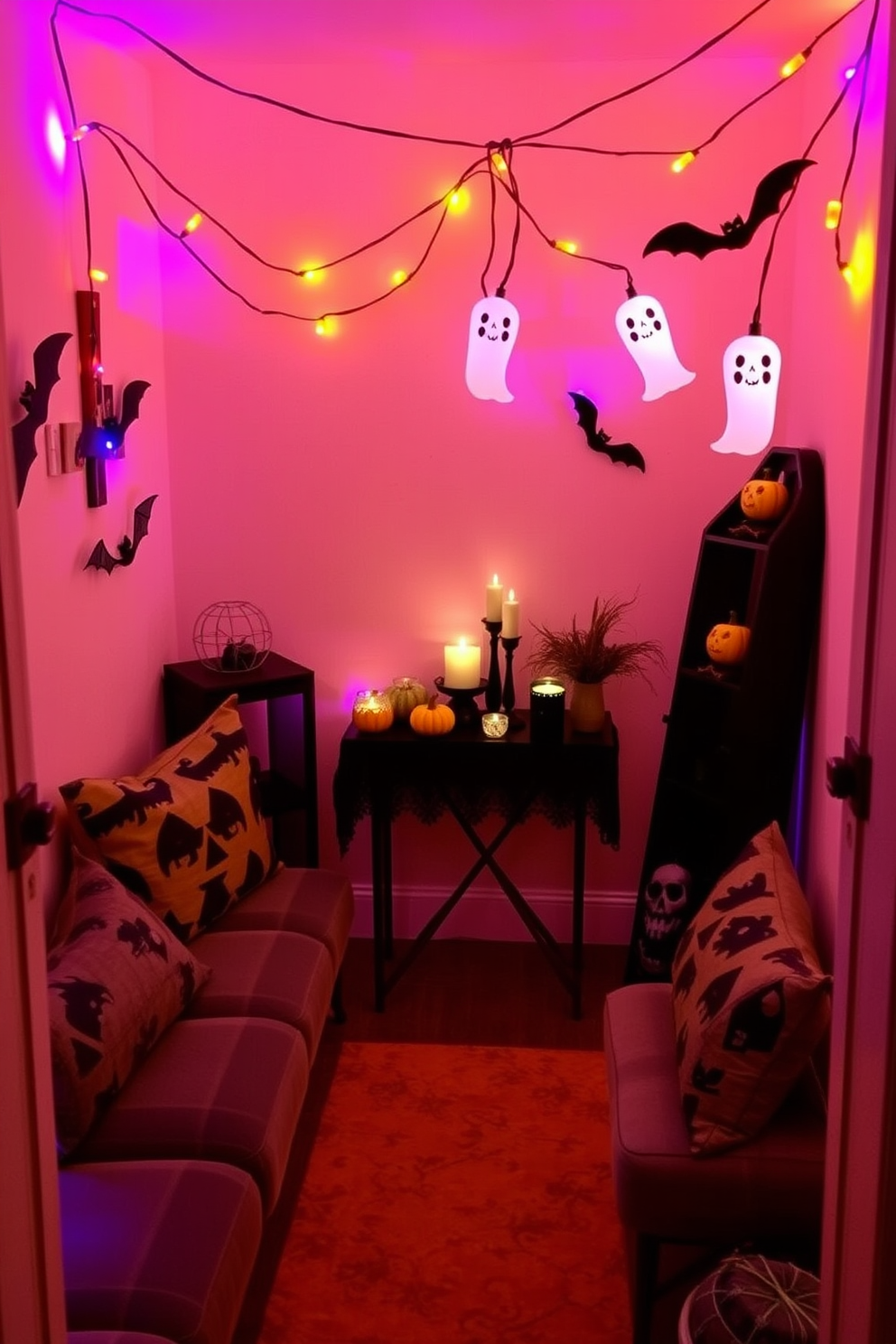 Create a cozy Halloween-themed small space that utilizes colored lights to enhance the atmosphere. Incorporate orange and purple lighting to cast a warm glow over a compact living area decorated with pumpkins and spooky accents. Include a small table adorned with black lace and a few decorative candles to add an intimate touch. Use string lights shaped like ghosts or bats to bring a playful element to the design while maintaining a festive vibe.