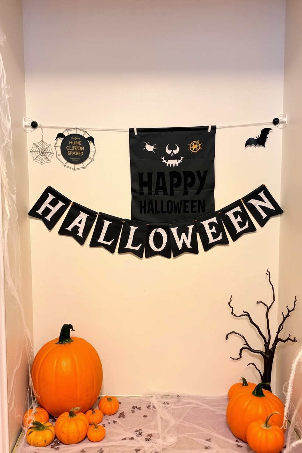 A spooky banner hangs across the wall, featuring eerie designs and ghostly figures that set the Halloween mood. The small space is adorned with cobwebs and miniature pumpkins, creating a festive yet haunting atmosphere.