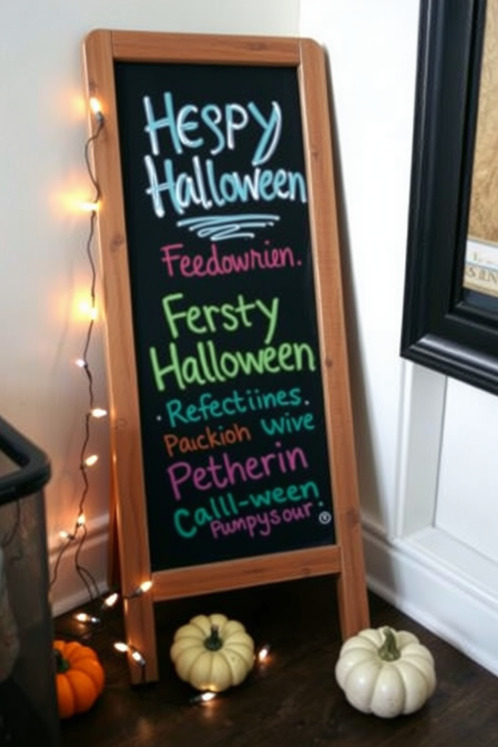 A small chalkboard is creatively displayed in a cozy corner, adorned with festive Halloween messages in colorful chalk. Surrounding the chalkboard are miniature pumpkins and string lights, adding a warm and inviting touch to the small space.