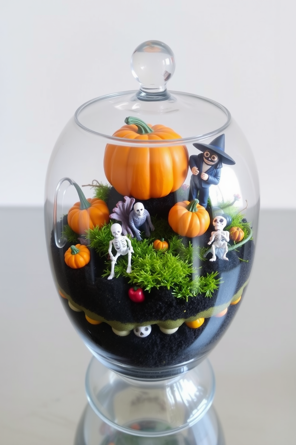 A whimsical Halloween-themed terrarium filled with miniature pumpkins and spooky figurines. The glass container showcases layers of black soil, vibrant moss, and tiny skeletons, creating an enchanting seasonal display.