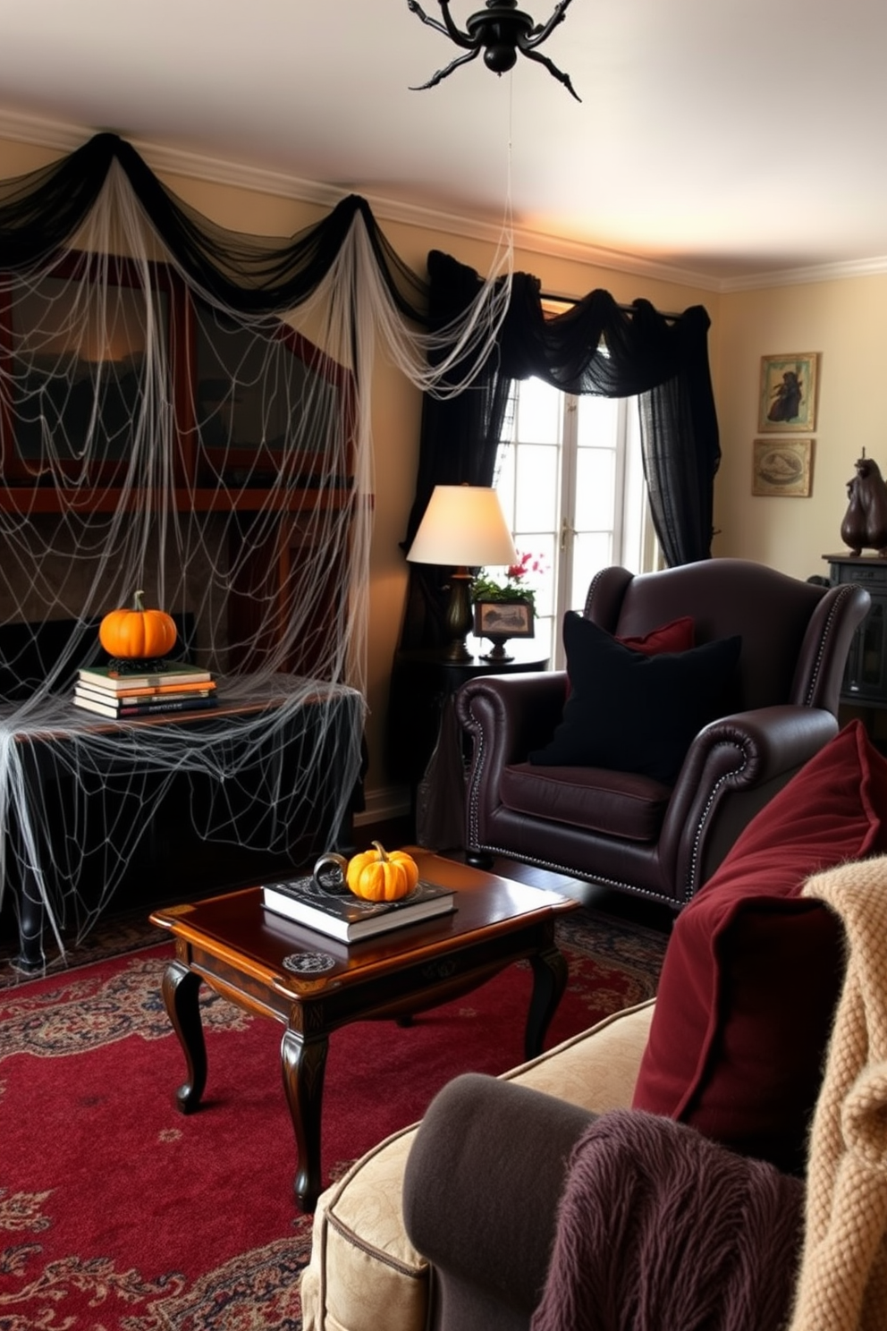 A cozy living room adorned for Halloween. Drape spider webs across the edges of the vintage coffee table and armchair, creating an eerie yet inviting atmosphere. In the corner, a small pumpkin sits atop a stack of books. Use dark, rich colors for throw pillows and a soft blanket to enhance the seasonal decor.