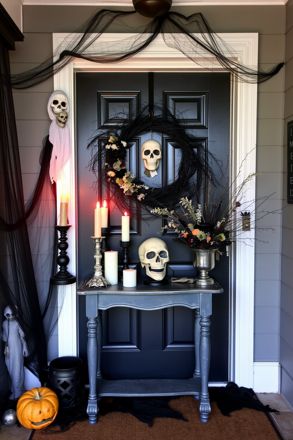 Create a spooky entryway that captures the essence of Halloween. Incorporate dark, moody colors with eerie decorations like cobwebs, jack-o'-lanterns, and ghostly figures. Use a small table to display a collection of vintage candles and a decorative skull. Add a wreath made of black branches and dried flowers to the door for an inviting yet haunting touch.