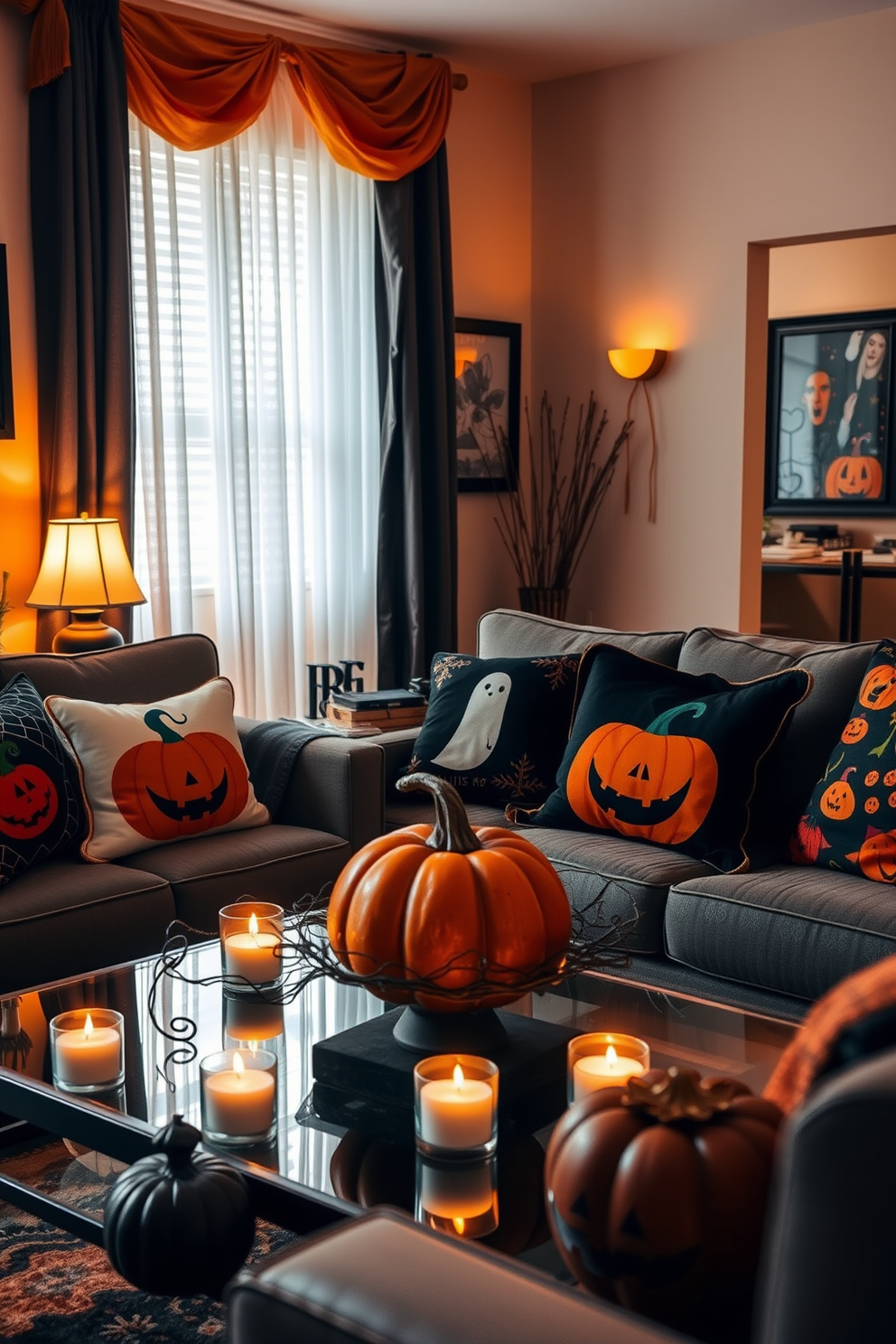 A cozy living room adorned with Halloween-themed throw pillows featuring pumpkins and ghosts. The space is brightened by warm orange and black accents, creating a festive atmosphere. In a small apartment, the sofa is complemented by a mix of patterned and solid color pillows that evoke the spirit of Halloween. A decorative pumpkin centerpiece sits on the coffee table, surrounded by flickering candlelight for a spooky yet inviting ambiance.