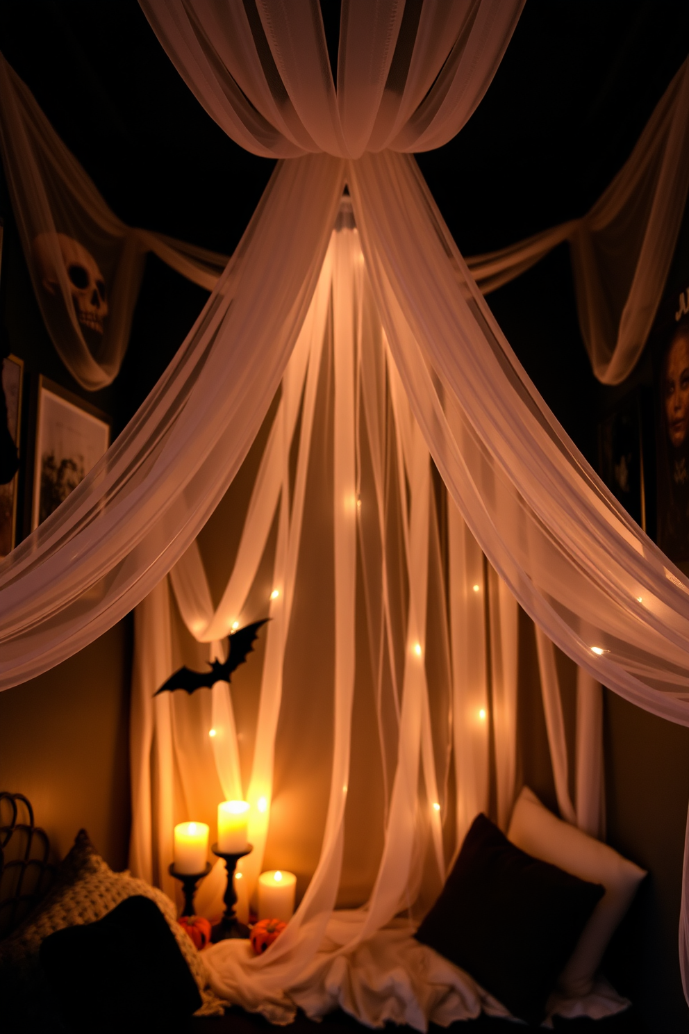 A cozy Halloween-themed small space is adorned with ghostly white fabric draped elegantly from the ceiling corners, creating an ethereal atmosphere. Soft, flickering candlelight reflects off the fabric, enhancing the spooky yet inviting ambiance of the room.