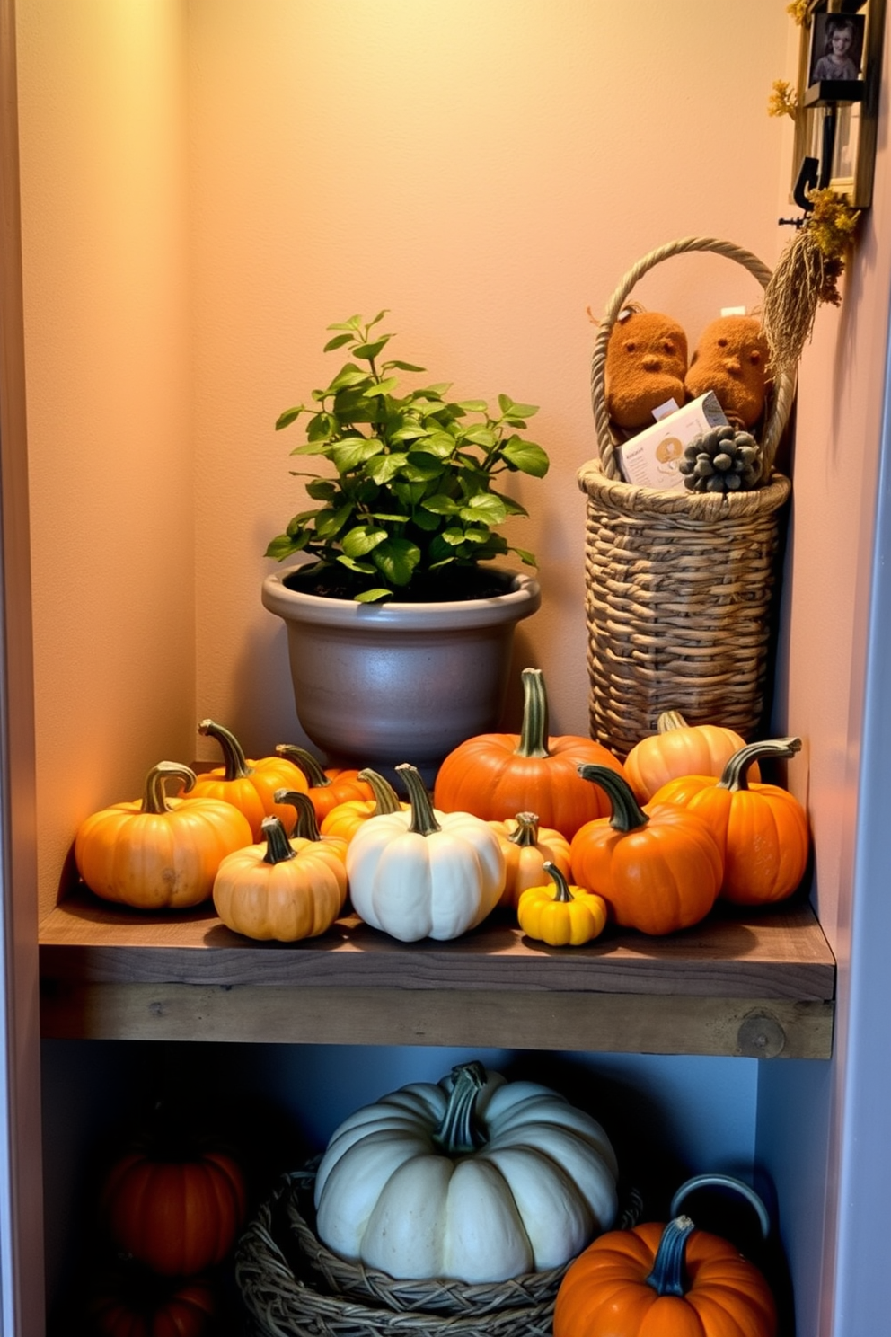 A cozy corner featuring a collection of small pumpkins in various shapes and colors, arranged on a rustic wooden shelf. Soft, warm lighting highlights the pumpkins, creating a festive atmosphere perfect for Halloween. In the background, a small potted plant adds a touch of greenery, while a woven basket holds additional seasonal decorations. The space is adorned with subtle autumn-themed accents, enhancing the charm of the small area.