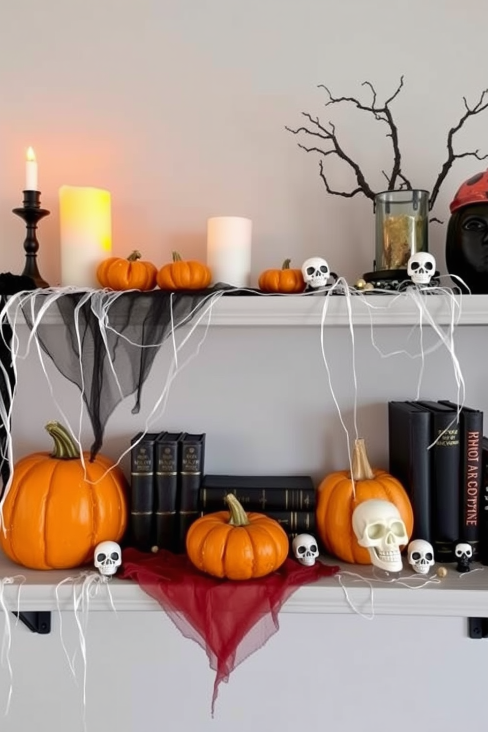 Create a spooky vignette on shelves that captures the essence of Halloween. Include miniature pumpkins, flickering candle holders, and cobwebs draping over the edges for an eerie touch. Incorporate dark-colored books and small skull decorations to enhance the atmosphere. Use a mix of textures such as velvet and glass to add depth to the display while maintaining a cohesive look.