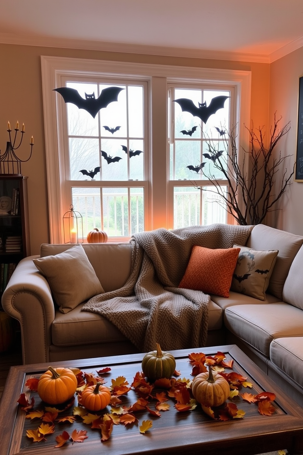 A cozy living room decorated for Halloween. The window panes feature bat silhouettes, adding a spooky touch to the warm atmosphere. The space is adorned with small pumpkins and autumn leaves scattered on the coffee table. A plush throw blanket drapes over the sofa, inviting guests to relax and enjoy the festive ambiance.