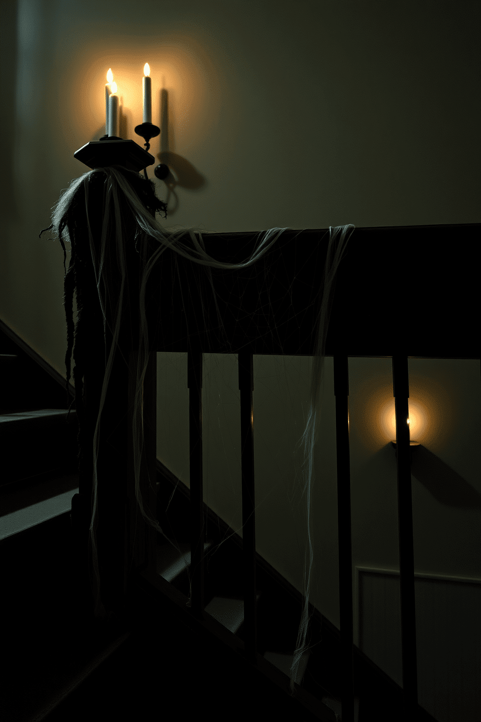 A haunting staircase adorned with spooky spider webs draping across the wooden railing. Flickering candlelight casts eerie shadows on the walls, enhancing the Halloween atmosphere.