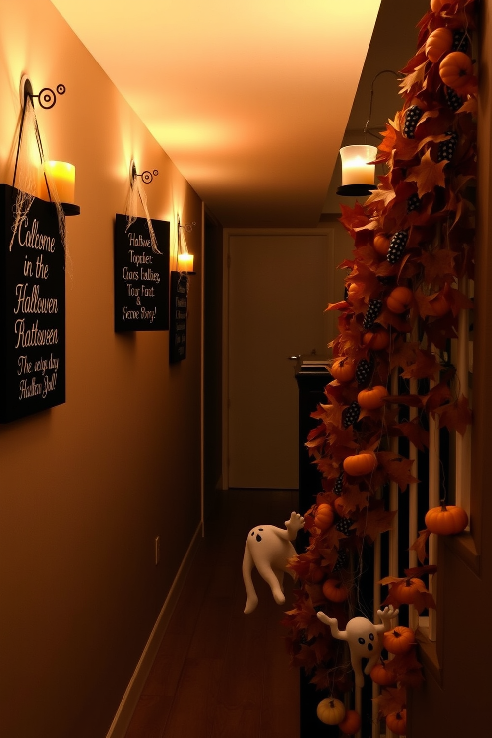 Chalkboard signs with spooky messages are hung along a dimly lit hallway. Each sign features eerie phrases in whimsical handwriting, surrounded by cobwebs and flickering candlelight. The Halloween staircase is adorned with a cascade of autumn leaves and miniature pumpkins. Ghostly decorations dangle from the banister, creating a festive yet haunting atmosphere.