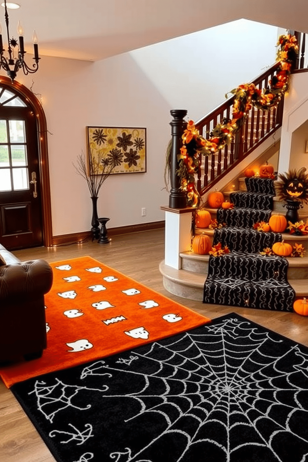 A cozy living room featuring layered rugs with Halloween patterns. The top rug is a vibrant orange with playful ghosts, while the bottom rug showcases a subtle black and white spider web design. A grand staircase adorned with Halloween decorations. Dark, rich banisters are wrapped in twinkling fairy lights, and each step is flanked by carved pumpkins and autumn foliage.