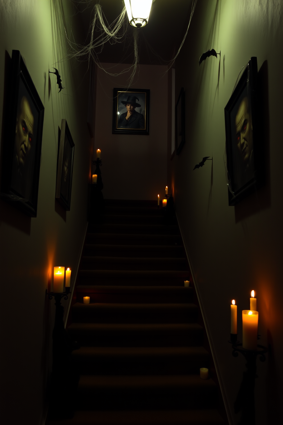 Creepy portraits adorn the walls of a dimly lit staircase. Each portrait features a different character, their eyes glowing eerily in the darkness, creating an unsettling atmosphere. The staircase is decorated with cobwebs and hanging bats, enhancing the Halloween theme. Flickering candles line the steps, casting shadows that dance on the walls, adding to the spooky ambiance.