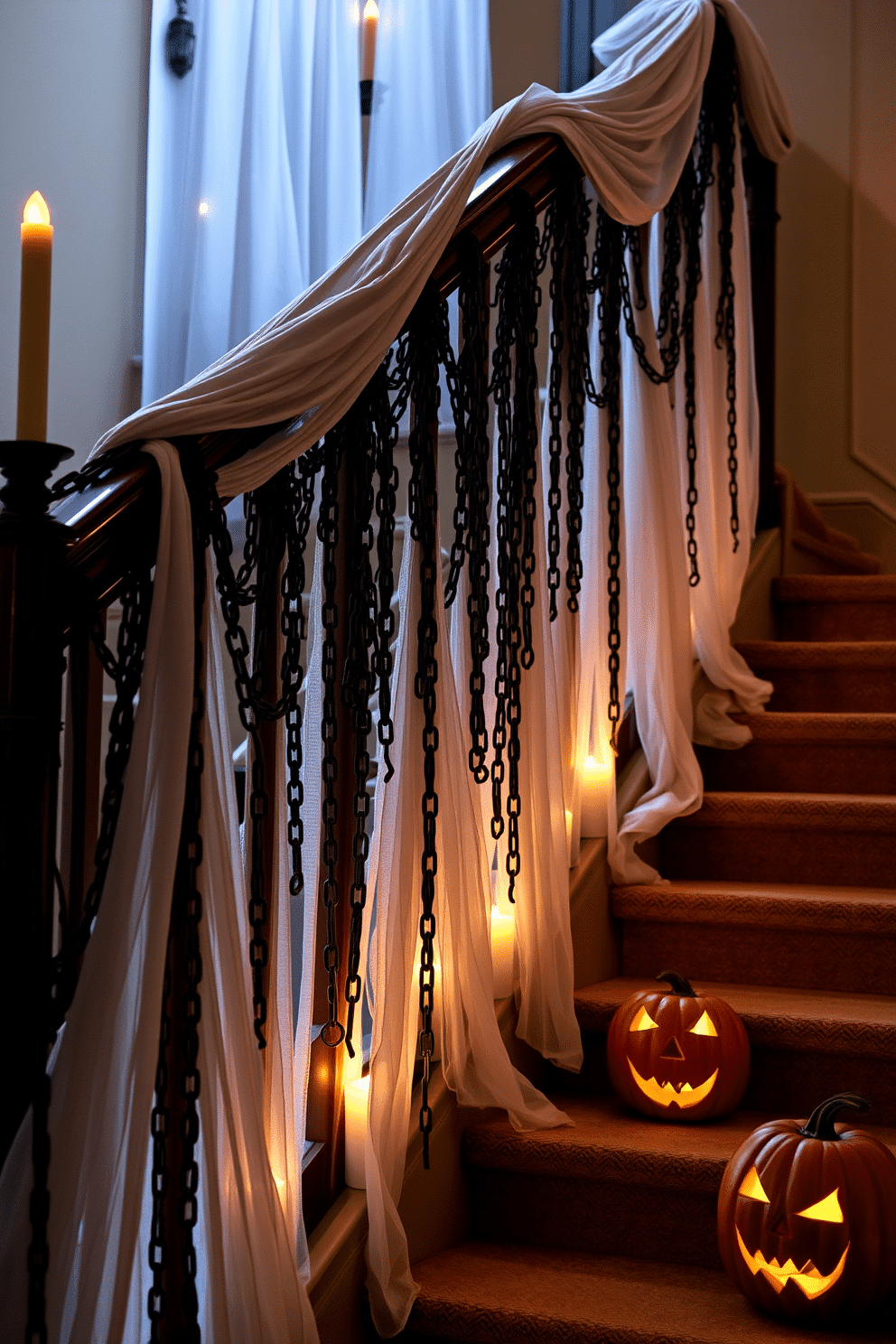 A staircase adorned with hanging chains creates a haunting atmosphere perfect for Halloween. The chains drape from the banister, clinking softly as they sway, while flickering candlelight casts eerie shadows along the steps. Ghostly white fabric is layered over the staircase railing, enhancing the spooky vibe. Along the steps, carved pumpkins with sinister grins are strategically placed, illuminating the path with an otherworldly glow.