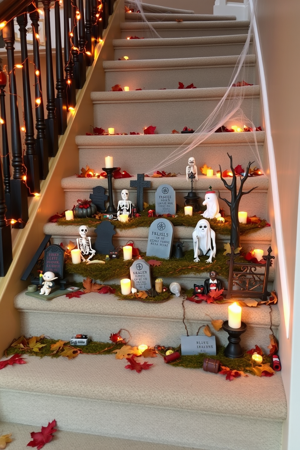 A whimsical miniature graveyard scene is set on the staircase steps. Tiny tombstones, skeletons, and ghostly figures create a spooky atmosphere, enhanced by flickering LED candles. The staircase is adorned with autumn leaves and orange string lights. Cobwebs stretch across the railing, adding to the Halloween charm and inviting guests to explore the eerie display.