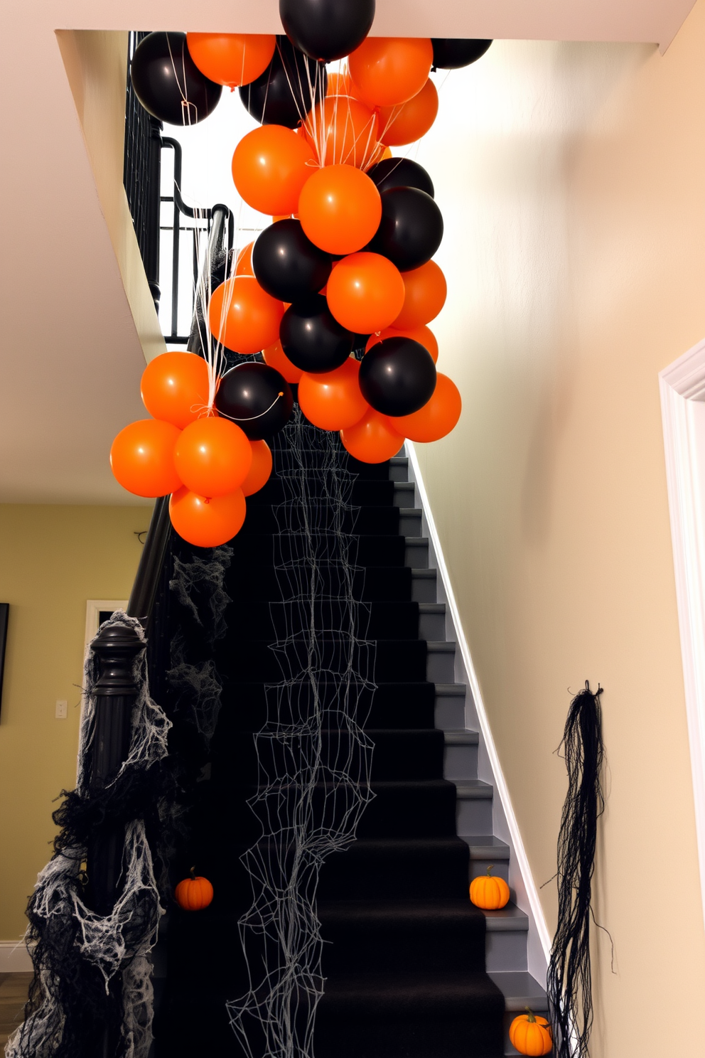 A festive Halloween staircase adorned with clusters of orange and black balloons floating gracefully above. The staircase is lined with cobwebs and small pumpkins, creating a whimsical and spooky atmosphere.