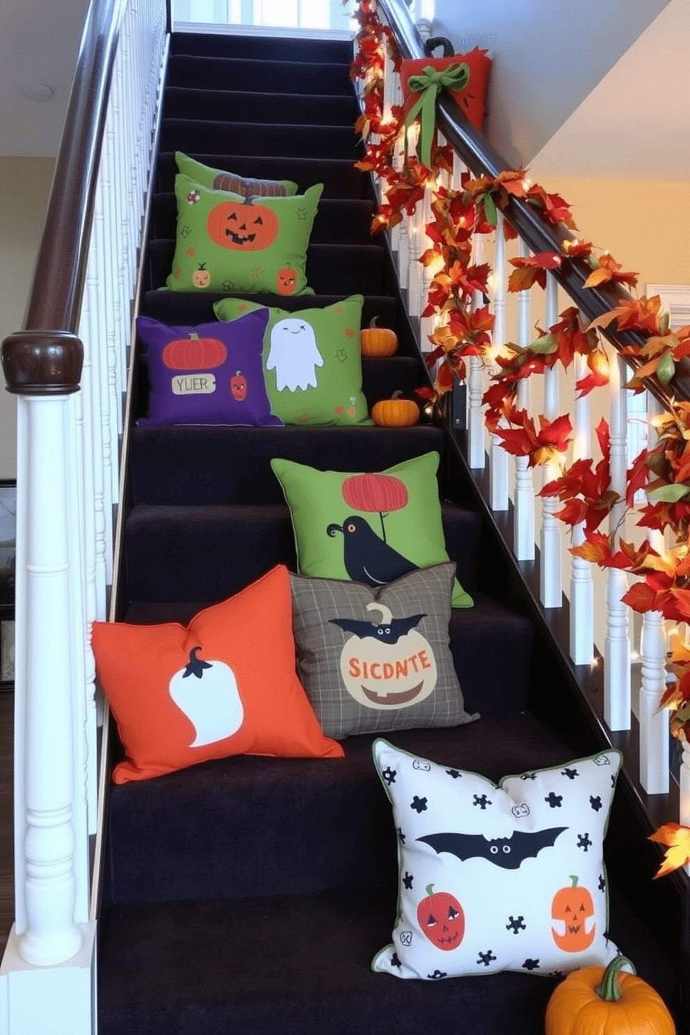 The staircase landing is adorned with a collection of themed throw pillows in vibrant colors and playful patterns. Each pillow features Halloween motifs such as pumpkins, ghosts, and bats, creating a festive atmosphere. The staircase itself is decorated with garlands of autumn leaves and twinkling fairy lights. A few strategically placed carved pumpkins add to the seasonal charm, inviting guests to enjoy the holiday spirit.