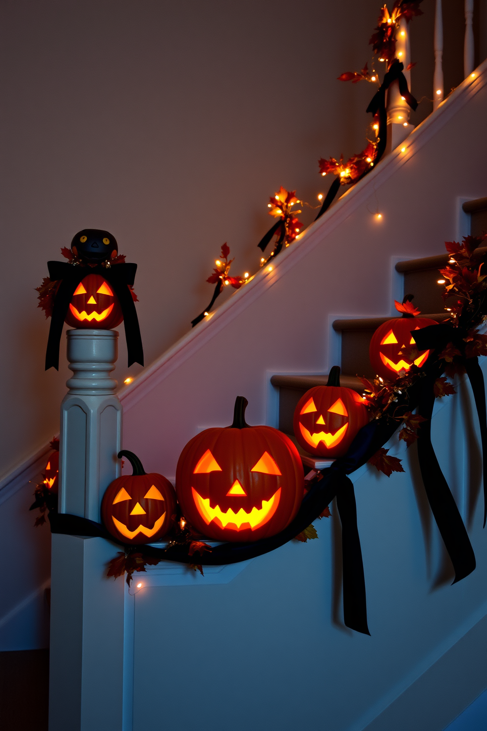 Glowing jack-o-lanterns line the staircase, casting a warm orange light that dances against the walls. Each pumpkin features a unique carved face, creating a playful yet spooky atmosphere for Halloween. The staircase is adorned with autumn leaves and twinkling fairy lights intertwined along the banister. Dark velvet ribbons drape elegantly from the railings, adding a touch of sophistication to the festive decor.