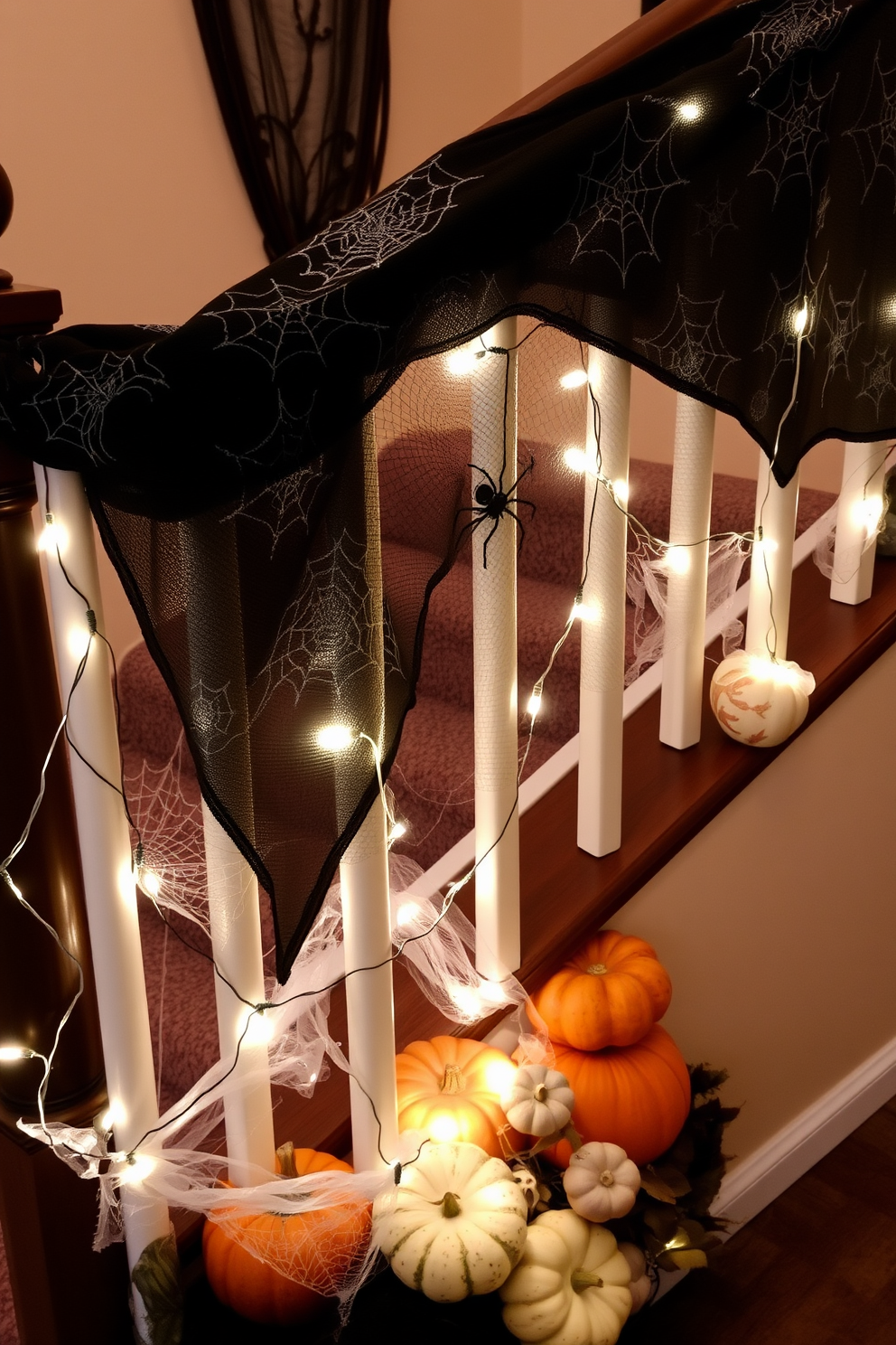 A spider-themed tablecloth drapes elegantly over the banister, creating a spooky yet stylish atmosphere. The fabric features intricate spiderweb patterns in black and silver, adding a touch of elegance to the Halloween decor. The staircase is adorned with a mix of decorative pumpkins and faux cobwebs, enhancing the festive spirit. Twinkling string lights are intertwined with the banister, casting a warm glow that invites guests to explore further.