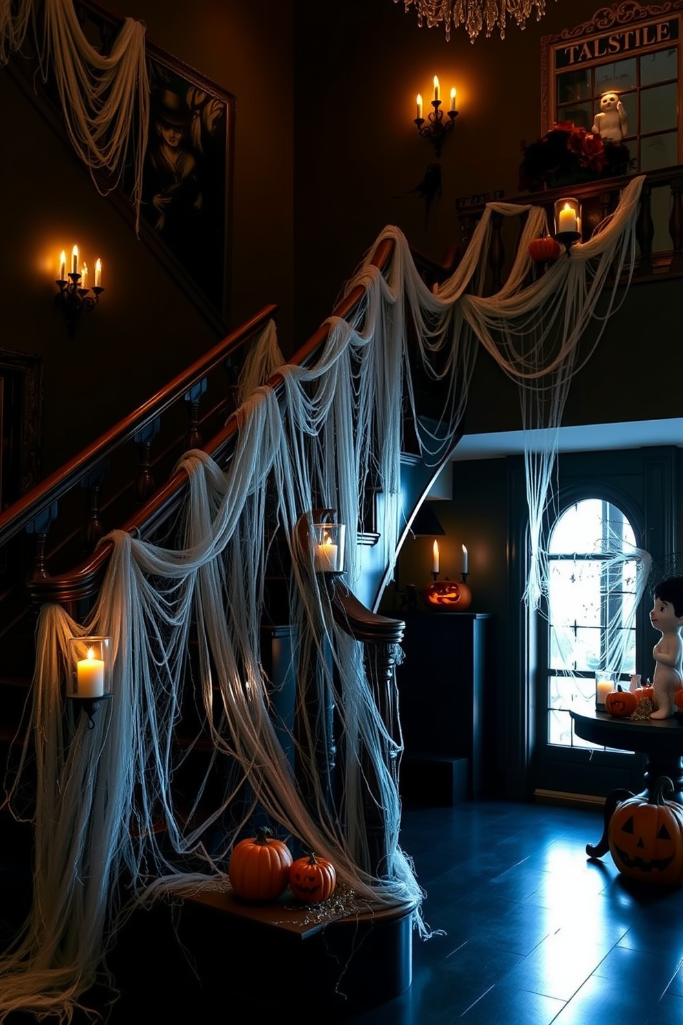 A grand staircase adorned with faux cobwebs cascading down the banister and sides creates a spooky atmosphere. The steps are illuminated by flickering candlelight, enhancing the eerie yet elegant Halloween decor. Dark, moody colors dominate the wall space, contrasting beautifully with the delicate white cobwebs. Strategically placed Halloween-themed decorations, such as carved pumpkins and ghostly figures, add a playful touch to the sophisticated setting.