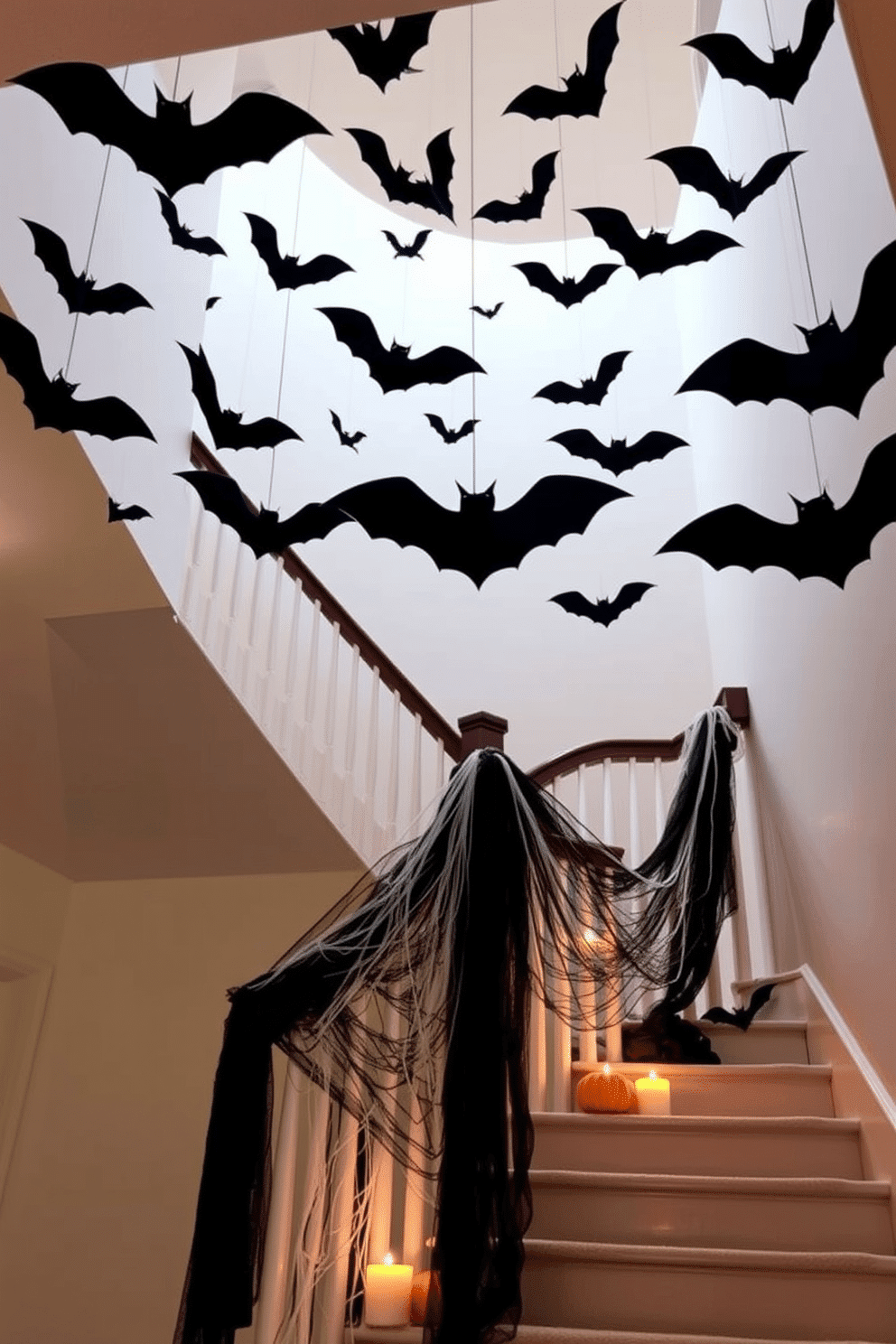 Hanging bats from the ceiling create a spooky atmosphere for your Halloween decor. Arrange various sizes of black paper bats at different heights to give the illusion of flight. For the staircase, drape faux cobwebs along the banister and place small pumpkins on each step. Add flickering LED candles to enhance the eerie ambiance as guests ascend.