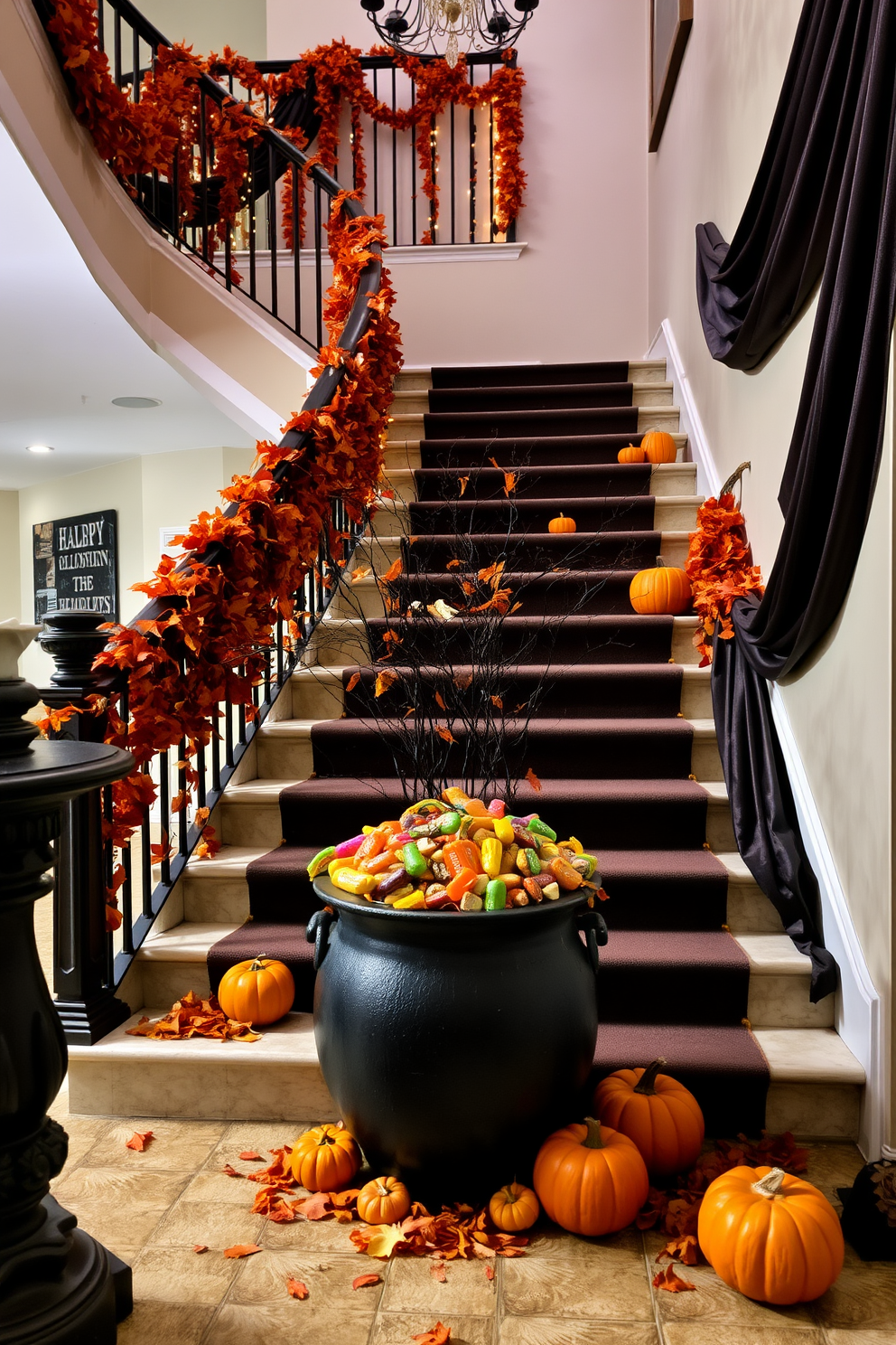 A decorative cauldron filled with an assortment of colorful Halloween treats sits at the base of a grand staircase. The staircase is adorned with cascading garlands of autumn leaves and twinkling fairy lights, creating a festive atmosphere. The walls along the staircase are draped with rich, dark fabric that enhances the spooky theme. Pumpkins of varying sizes are strategically placed along the steps, adding a touch of seasonal charm.