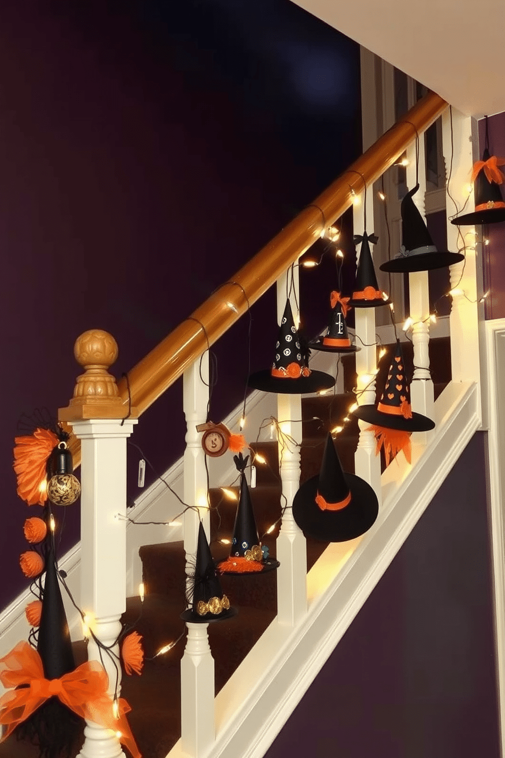 A charming staircase adorned with hanging witch hats creates a festive Halloween atmosphere. The staircase is decorated with a mix of black and orange accents, with twinkling fairy lights woven through the banister. Each witch hat is uniquely designed, some featuring glitter and others adorned with spooky embellishments. The walls are painted in a deep, rich color, enhancing the dramatic effect of the decorations.