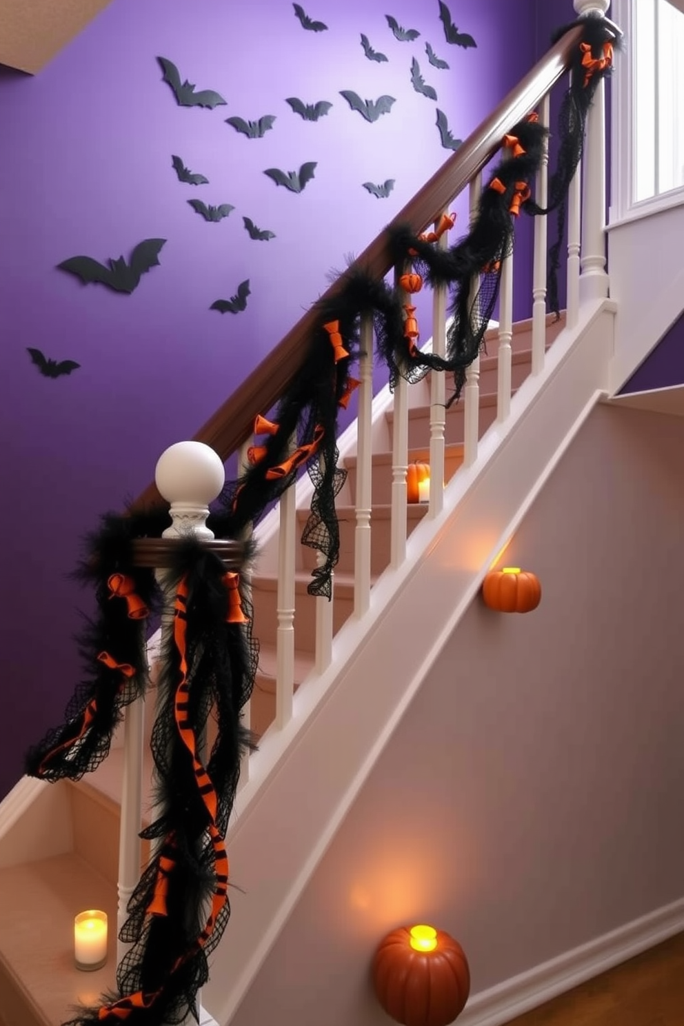 Create a whimsical Halloween staircase adorned with bat silhouettes attached to the wall. The staircase is draped with black and orange garlands, and glowing pumpkins are placed on each step to enhance the festive atmosphere. Incorporate flickering candle lights along the railing for a spooky effect. The walls are painted in a deep purple hue, creating a dramatic backdrop for the Halloween decorations.