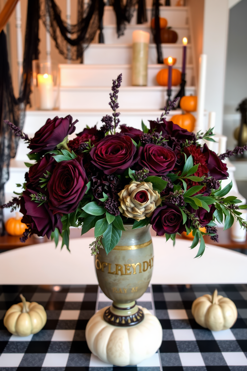 Seasonal floral arrangements in dark colors. Rich burgundy and deep purple blooms are artfully combined with lush greenery in a vintage vase, creating a dramatic centerpiece for a dining table. Halloween Staircase Decorating Ideas. The staircase is adorned with cascading black lace, flickering candles in varying heights, and strategically placed pumpkins, creating an enchanting and spooky atmosphere.