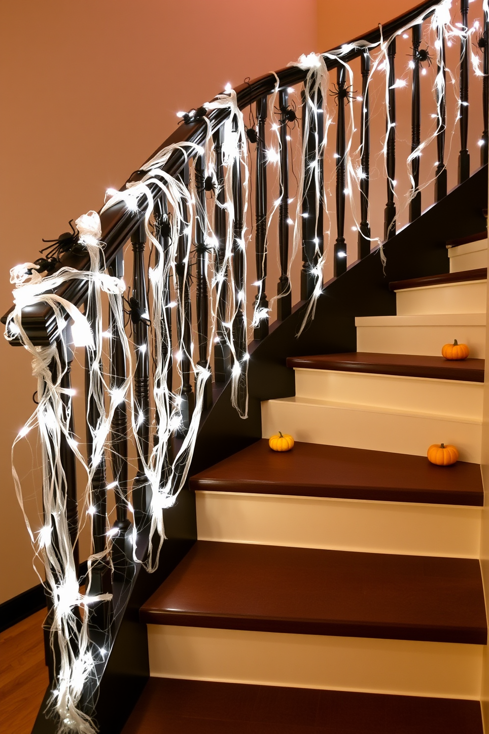 A dramatic staircase adorned with spider-shaped lights cascading along the railing. The lights create an enchanting atmosphere, perfect for a Halloween celebration, while the staircase is decorated with faux cobwebs and small pumpkins along the steps.