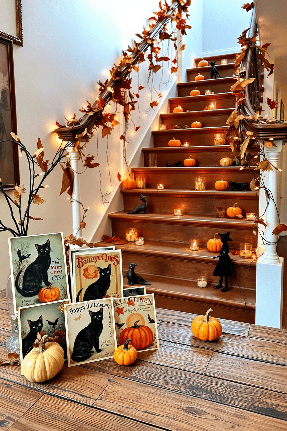 A collection of vintage Halloween postcards is artfully arranged on a rustic wooden table. The postcards feature classic Halloween imagery, such as black cats, pumpkins, and witches, with a backdrop of autumn leaves and candlelight. The staircase is adorned with elegant Halloween decorations that blend vintage charm with festive spirit. Twinkling fairy lights are intertwined with garlands of dried leaves, while small pumpkins and spooky figurines are placed on each step for a whimsical touch.