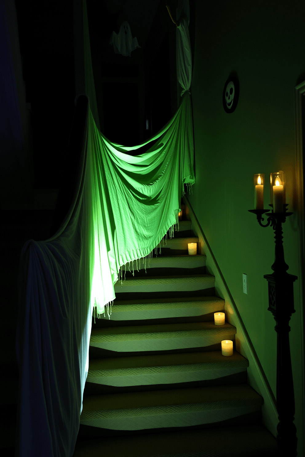 A spooky staircase setting. Creepy cloth is draped over the banister, creating an eerie atmosphere perfect for Halloween. Ghostly decorations hang from the walls, and flickering candles line the steps. Shadows dance across the staircase as dim lighting enhances the haunting vibe.