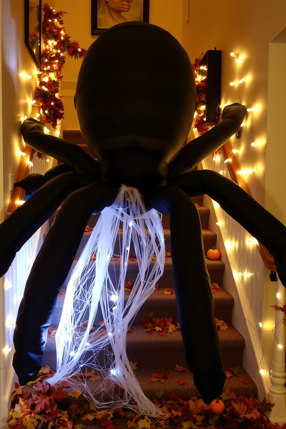 A giant inflatable spider looms ominously at the base of the staircase, creating a striking focal point for Halloween festivities. Surrounding the spider are scattered faux cobwebs that add to the eerie atmosphere, enhancing the spooky theme of the decor. The staircase is adorned with a mix of autumn leaves and miniature pumpkins, creating a festive and inviting look. Twinkling string lights are intertwined along the handrail, casting a warm glow that contrasts with the Halloween elements.