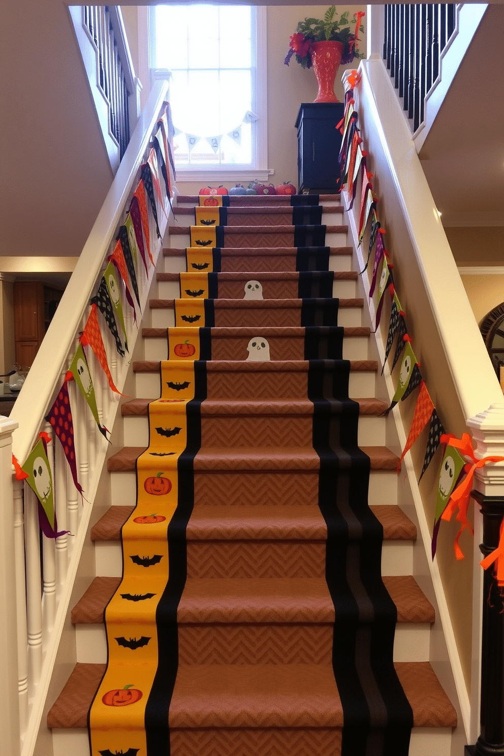 A festive Halloween staircase adorned with colorful banners cascading down the steps. The banners feature vibrant designs of pumpkins, ghosts, and bats, creating a cheerful and spooky atmosphere.