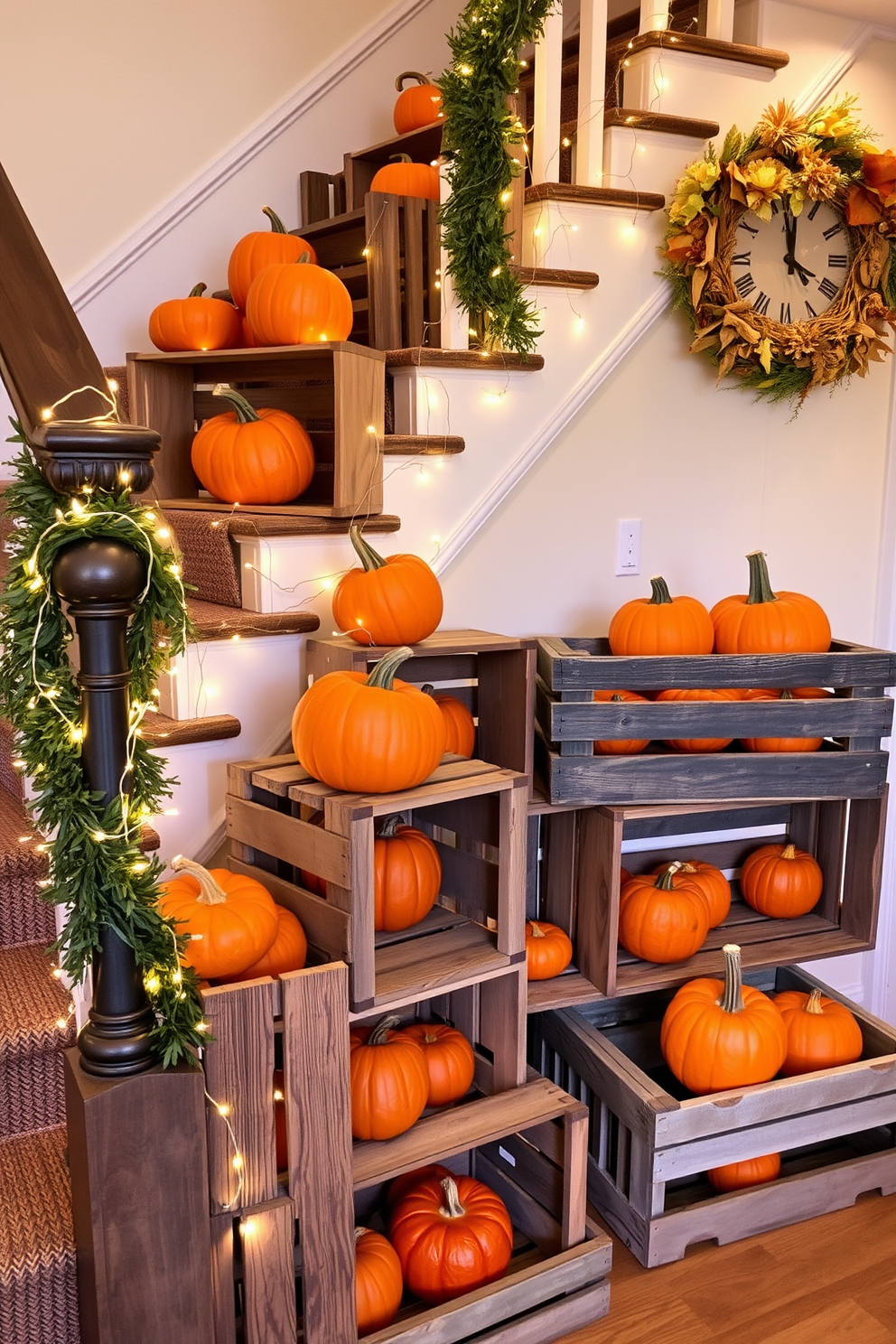 A charming staircase adorned with rustic wooden crates filled with vibrant pumpkins of various sizes. The crates are stacked at different heights, creating a playful yet cohesive look, while soft twinkling fairy lights are draped around them to enhance the festive atmosphere.