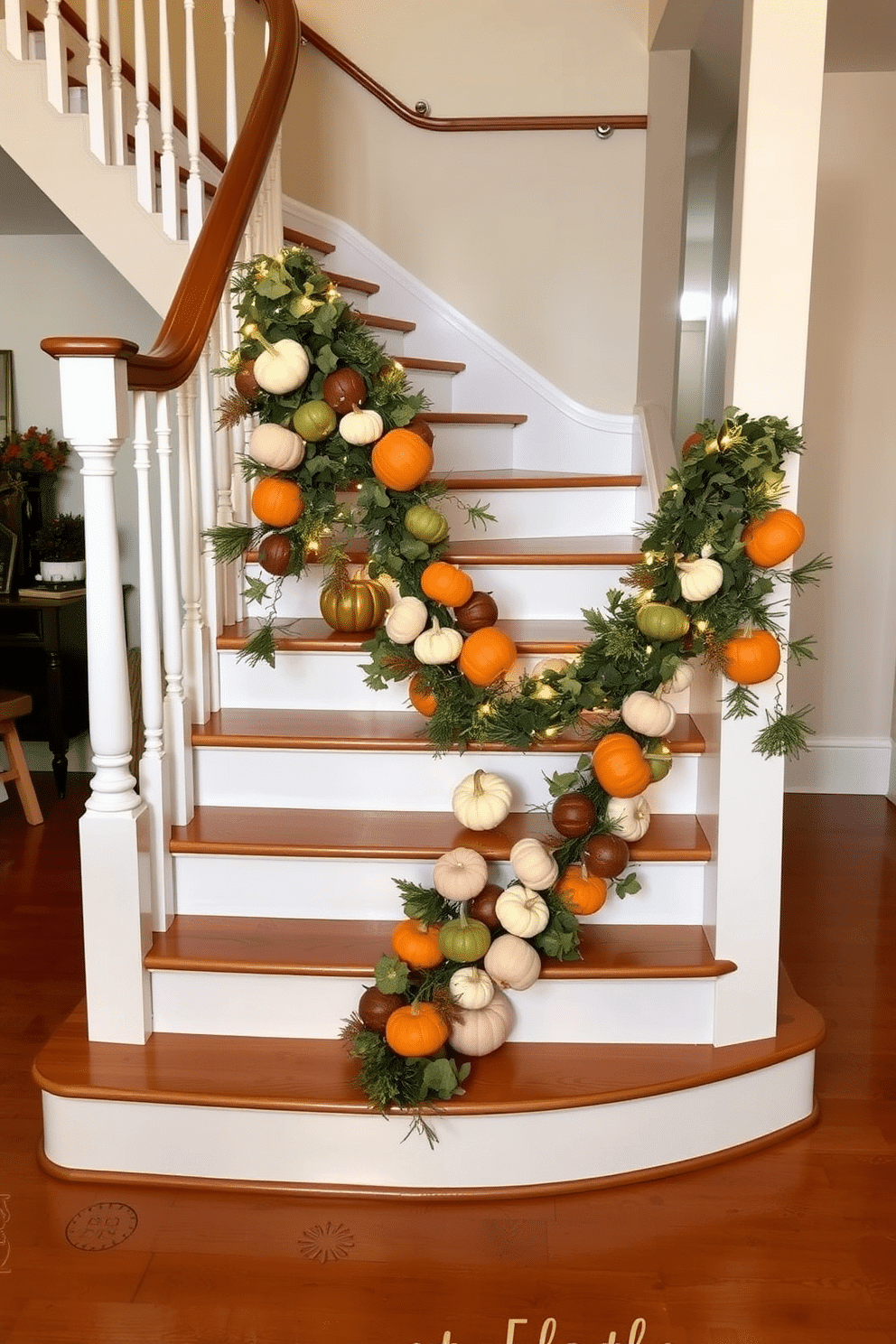 A warm and inviting staircase adorned with a pumpkin garland gracefully draped along the wooden steps. The garland features various sizes of pumpkins in shades of orange, white, and green, complemented by twinkling fairy lights for a festive glow.