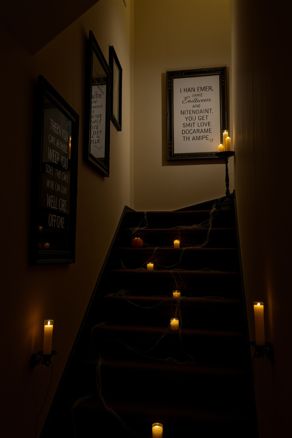 Framed spooky quotes adorn the walls of a dimly lit staircase, creating an eerie yet inviting atmosphere. The frames are intricately designed, featuring black and gold accents that enhance the Halloween theme. The staircase itself is decorated with strands of fake cobwebs and small, glowing pumpkins lining each step. Flickering candles in decorative holders add a warm glow, casting playful shadows that dance across the walls.