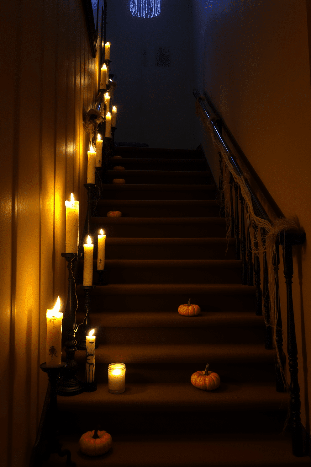 A dimly lit staircase is adorned with an array of creepy candles, casting flickering shadows on the walls. Each candle varies in height and design, some appearing weathered and others intricately carved, enhancing the eerie atmosphere. The staircase railing is draped with faux cobwebs, adding a spooky touch to the decor. Small, decorative pumpkins are placed on the steps, complementing the Halloween theme and creating a festive yet haunting ambiance.