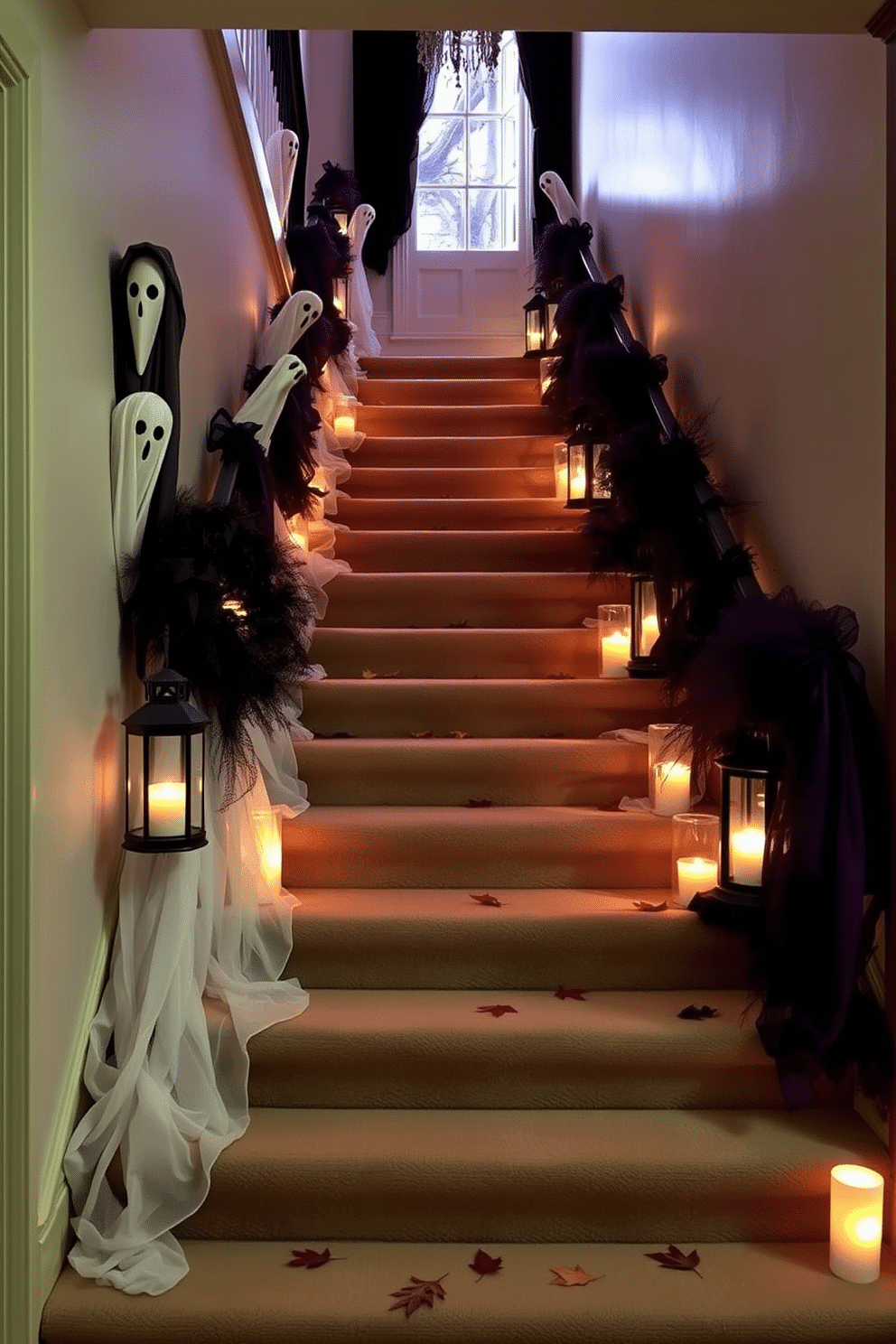 A hauntingly beautiful staircase adorned for Halloween. Ghostly figures peek from the corners, draped in sheer white fabric, creating an eerie yet elegant atmosphere. The staircase is lined with flickering candle lanterns, casting soft shadows on the walls. Dark, rich colors of deep purple and black enhance the seasonal decor, while scattered autumn leaves add a touch of whimsy.