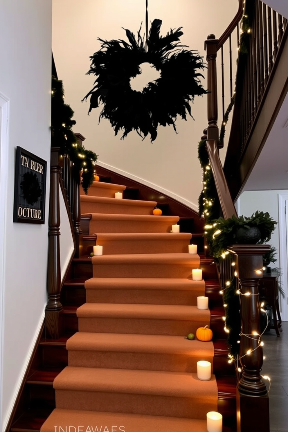 A stunning staircase adorned with a black feather wreath at the top creates an inviting and festive atmosphere. The staircase is lined with subtle autumn-themed decorations, featuring small pumpkins and candles on each step. Rich, dark wood railings contrast beautifully with the soft glow of string lights wrapped around the banister. Elegant black and gold accents throughout the decor enhance the Halloween theme while maintaining a sophisticated look.