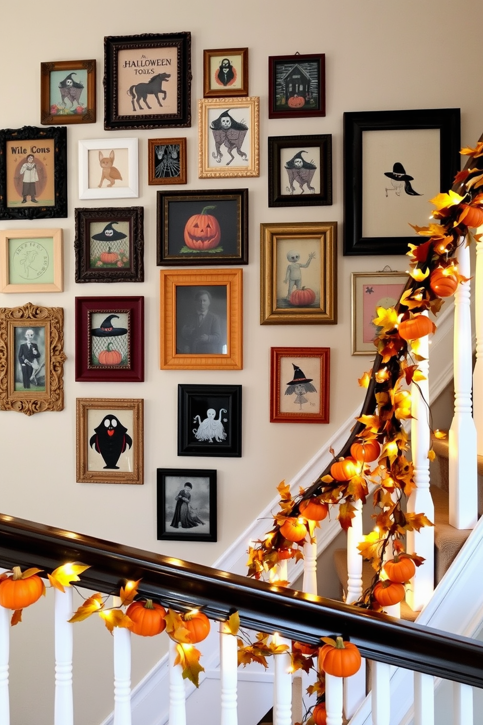 Mismatched vintage Halloween frames displayed on a gallery wall create a whimsical and eclectic atmosphere. The frames vary in size and color, showcasing an array of spooky artwork and seasonal decorations. The staircase is adorned with garlands of autumn leaves and miniature pumpkins, adding a festive touch to the space. Twinkling fairy lights are wrapped around the banister, illuminating the staircase and enhancing the Halloween spirit.