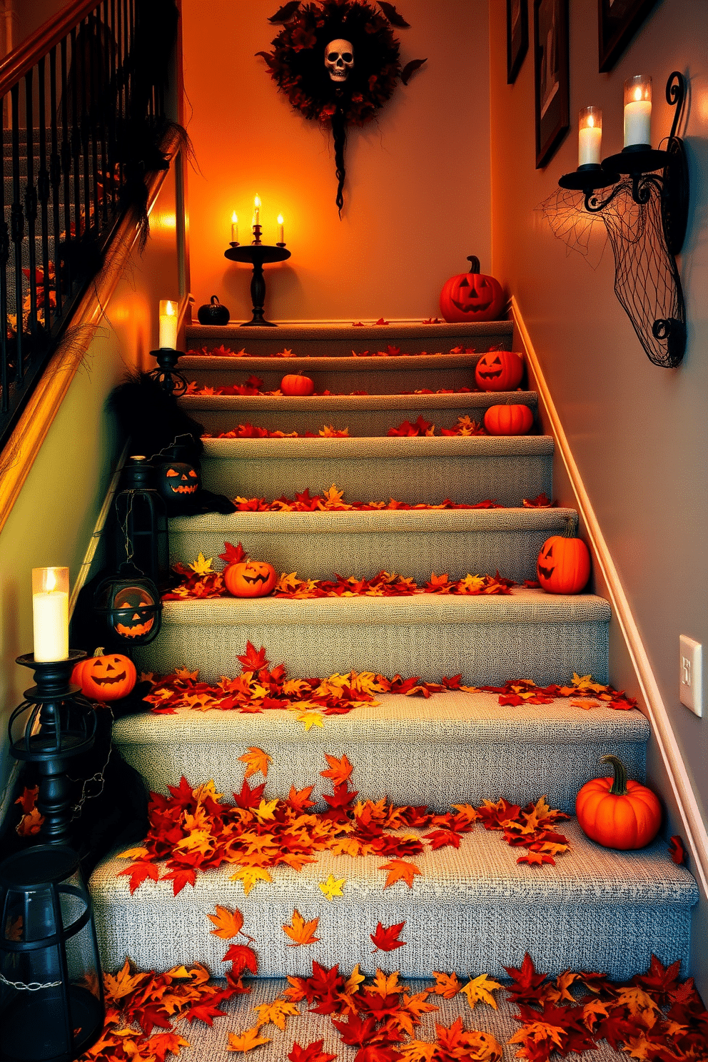 A staircase adorned with vibrant autumn leaves scattered across the steps. Warm, inviting colors of orange, red, and yellow create a festive atmosphere, enhancing the seasonal charm. Spooky Halloween decorations line the staircase, including carved pumpkins and eerie cobwebs. Flickering candles in decorative holders cast a soft glow, adding to the haunting ambiance of the space.