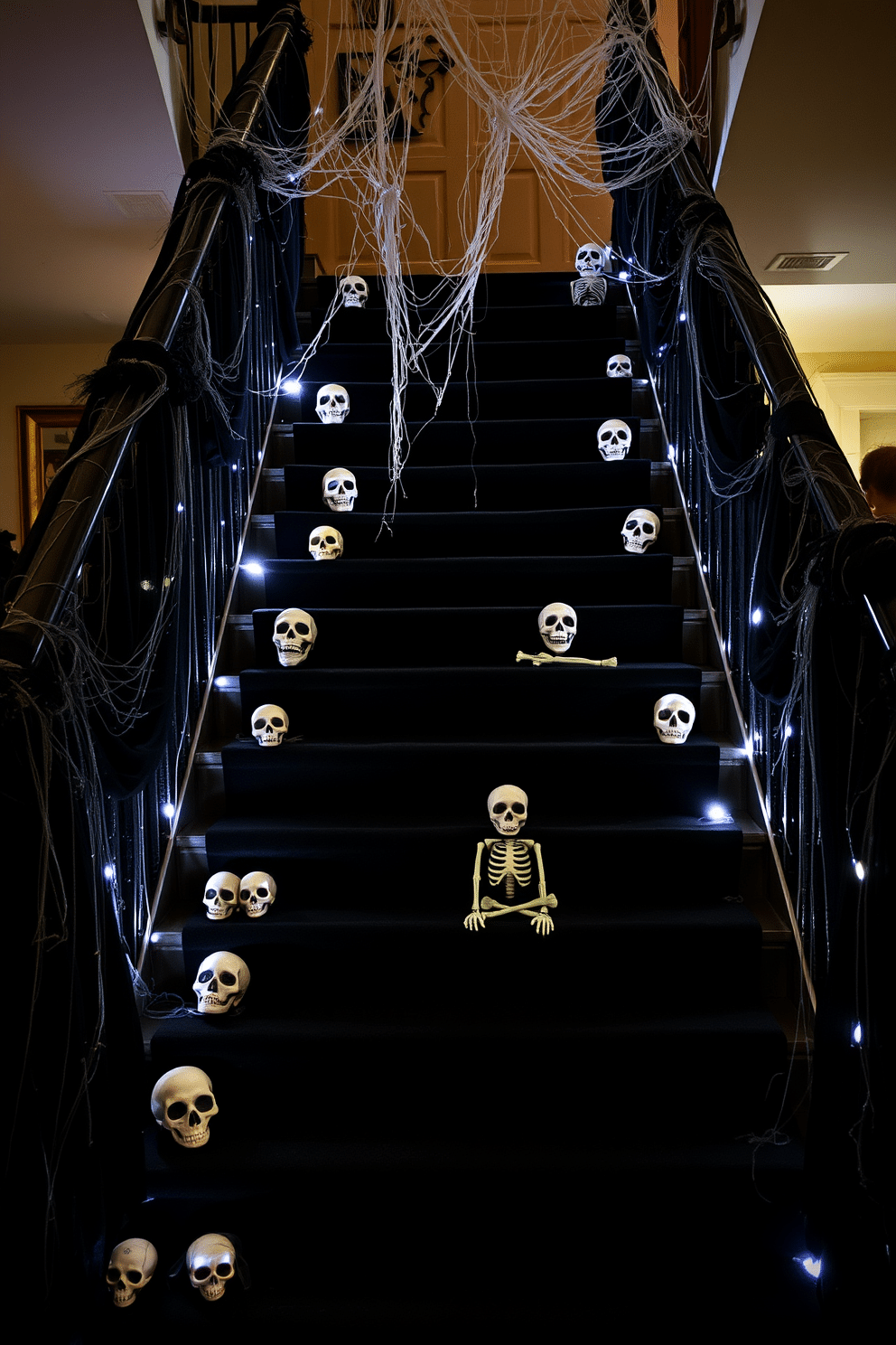 A striking Halloween staircase adorned with skulls and skeletons creates a spooky yet stylish atmosphere. The staircase is draped in black velvet fabric, with eerie white lights illuminating the skeletons positioned on each step. Skulls of various sizes are strategically placed along the railing, enhancing the dramatic effect. Creepy cobwebs stretch across the staircase, adding an extra layer of Halloween charm to the decor.