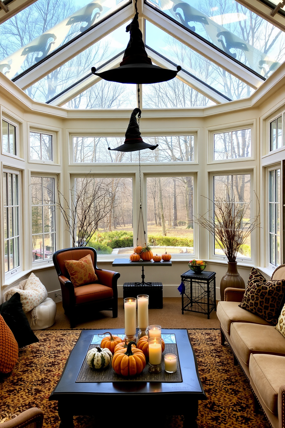 A sunroom filled with natural light features whimsical witch hats adorning the light fixtures, adding a playful touch to the space. The walls are painted in a soft cream color, and cozy seating areas are arranged around a central coffee table decorated with seasonal pumpkins and candles.